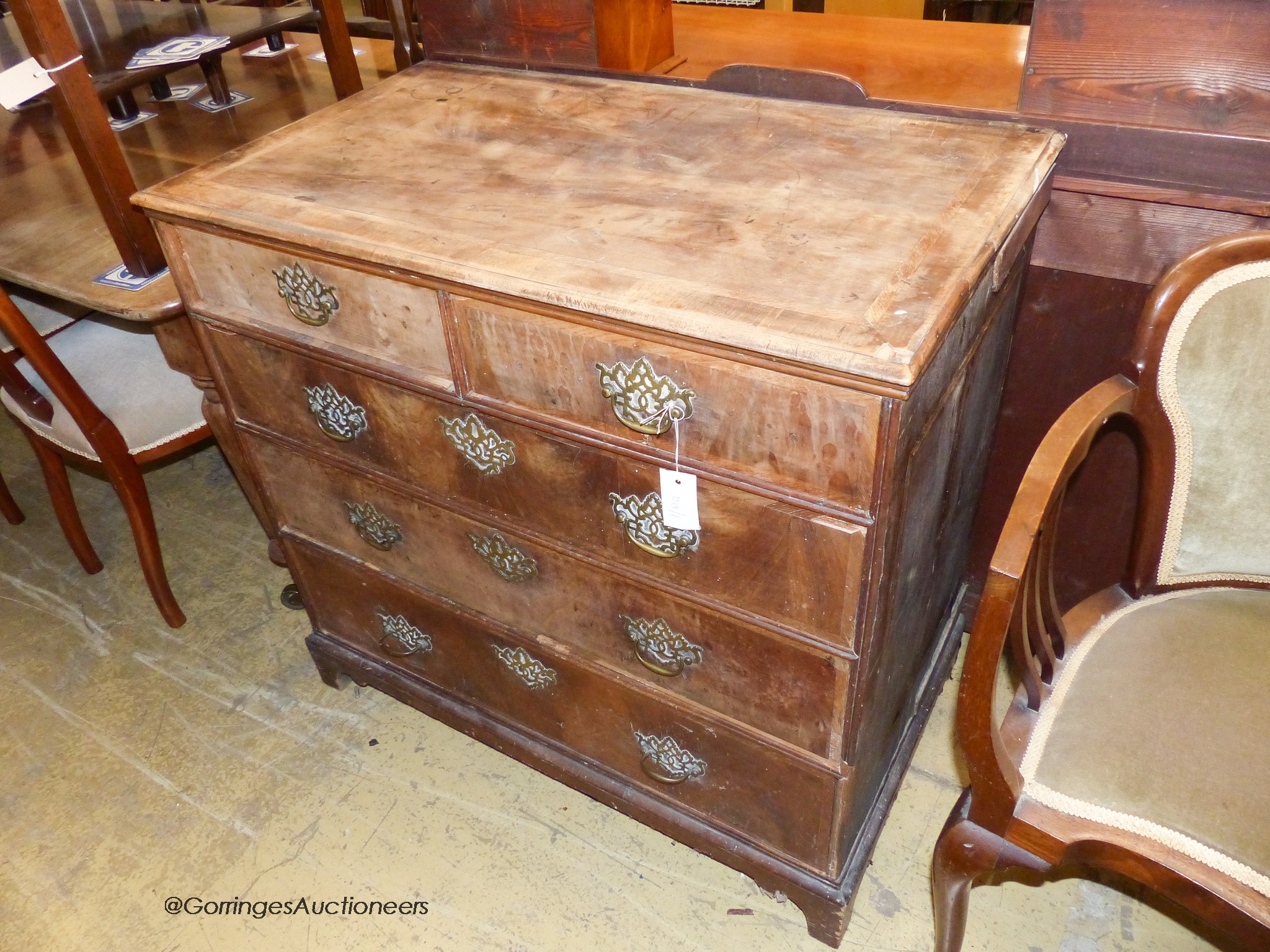 A mid 18th century banded walnut chest. W-90, D-52, H-87cm.